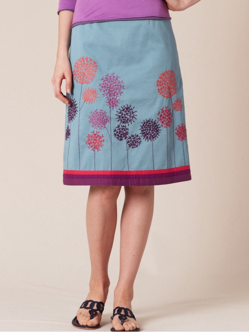 Boden Blue Floral A-Line Skirt with Purple Trim